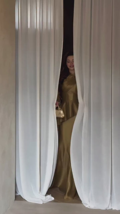 Asymmetrical High Neck Metallic Evening Gown