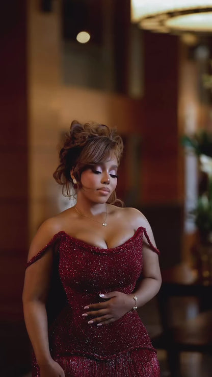 Bateau-Neck Off-Shoulder Sleeveless Fully Sequined Fringed Floor-Length Mermaid Prom Dress