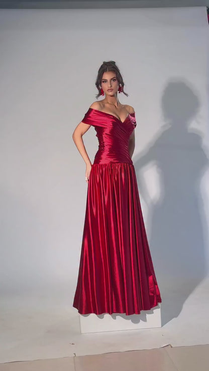 V-Neck Off-Shoulder Sleeveless Metallic-Satin Pleated Floor-Length A-Line Formal Prom Dress