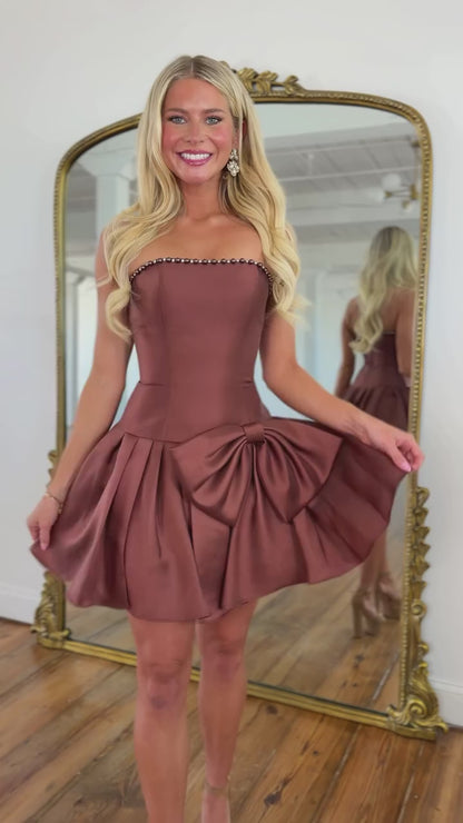 Strapless Pleated Satin Mini Dress with Bow