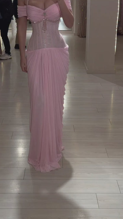 Halter-Sweetheart Sleeveless Beaded Chiffon Pleated Floor-Length Mermaid Formal Prom Dress