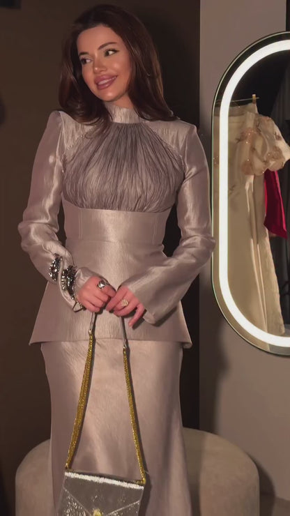 High Neck Metallic Long Sleeve Peplum Evening Gown