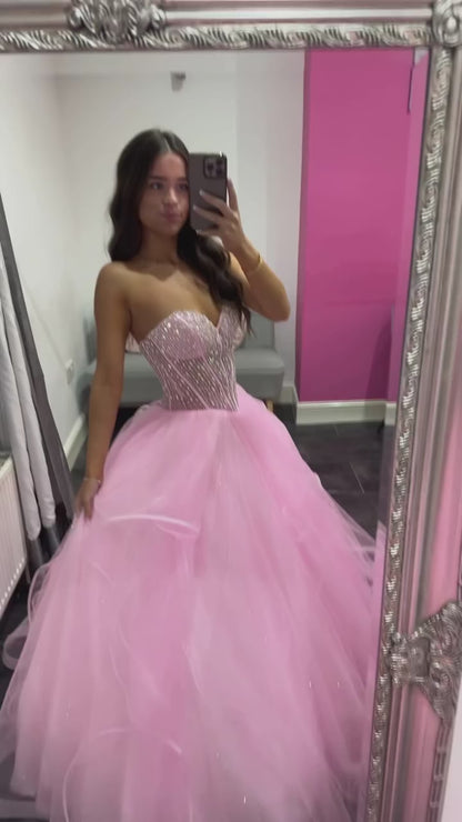 Off-Shoulder Sweetheart Sleeveless Beaded Tulle Pleated Tiered A-Line Party Prom Dress