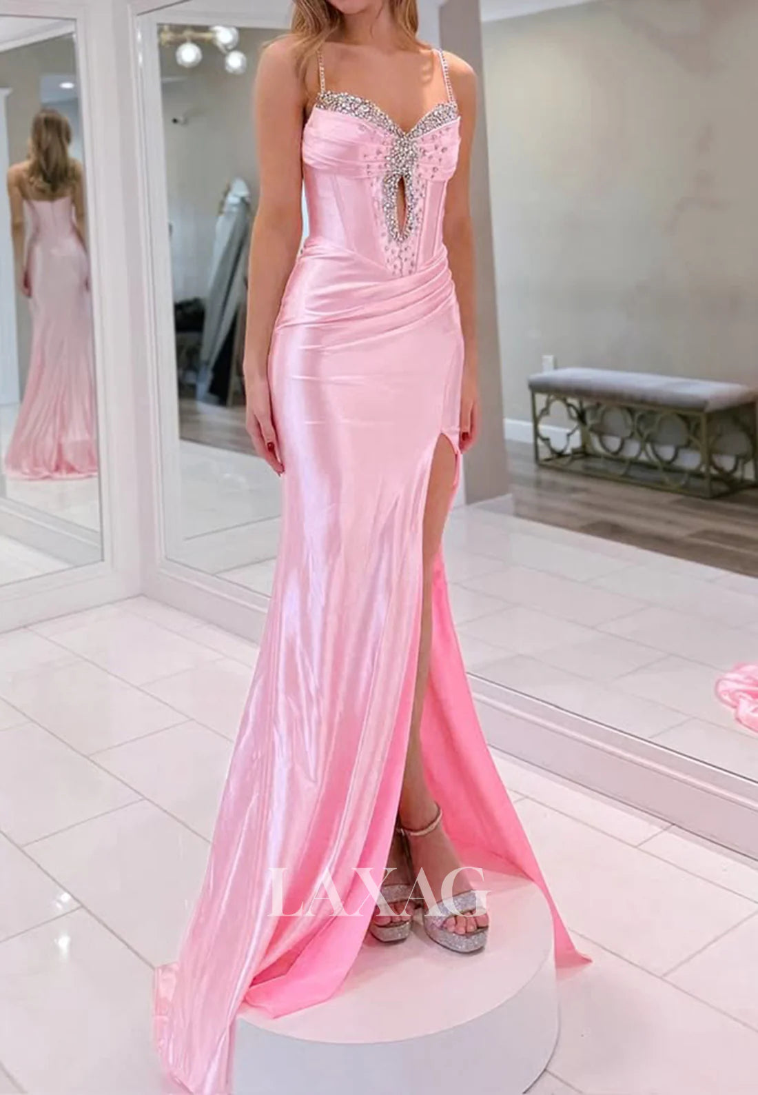 Spaghetti Straps Sweetheart Beaded Pleated Mermaid Prom Dress Off-Shoulder Sleeveless Party Gowns