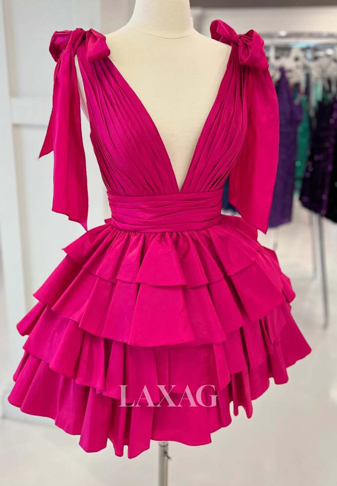 Deep V-Neck Bows-Straps Sleeveless Pleated Satin Tiered A-Line Party  Homecoming Dress