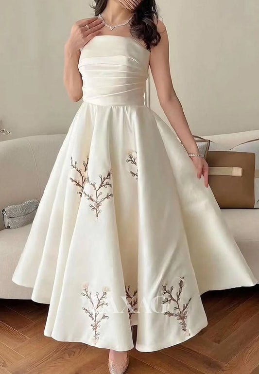 Tube Top Off-Shoulder Sleeveless A-Line Evening Dress Pleated Satin Tea-Length Formal Gowns