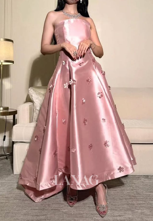 Sleeveless Pleated Satin Tea-Length Formal Gowns Tube Top Off-Shoulder Beaded A-Line Evening Dress