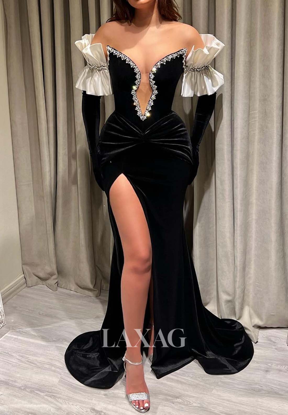 فساتين سهرة حورية البحر بفتحة رقبة على شكل حرف V وأكتاف مكشوفة، فساتين رسمية مزينة بالخرز وفتحة عالية مع قفازات