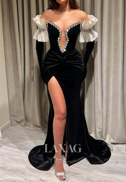 فساتين سهرة حورية البحر بفتحة رقبة على شكل حرف V وأكتاف مكشوفة، فساتين رسمية مزينة بالخرز وفتحة عالية مع قفازات