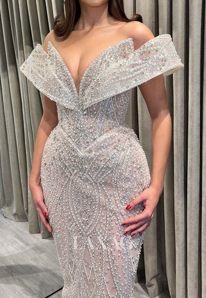 V-Neck Off-Shoulder Sleeveless Mermaid Evening Dress Fully Beaded Floor-Length Formal Gowns