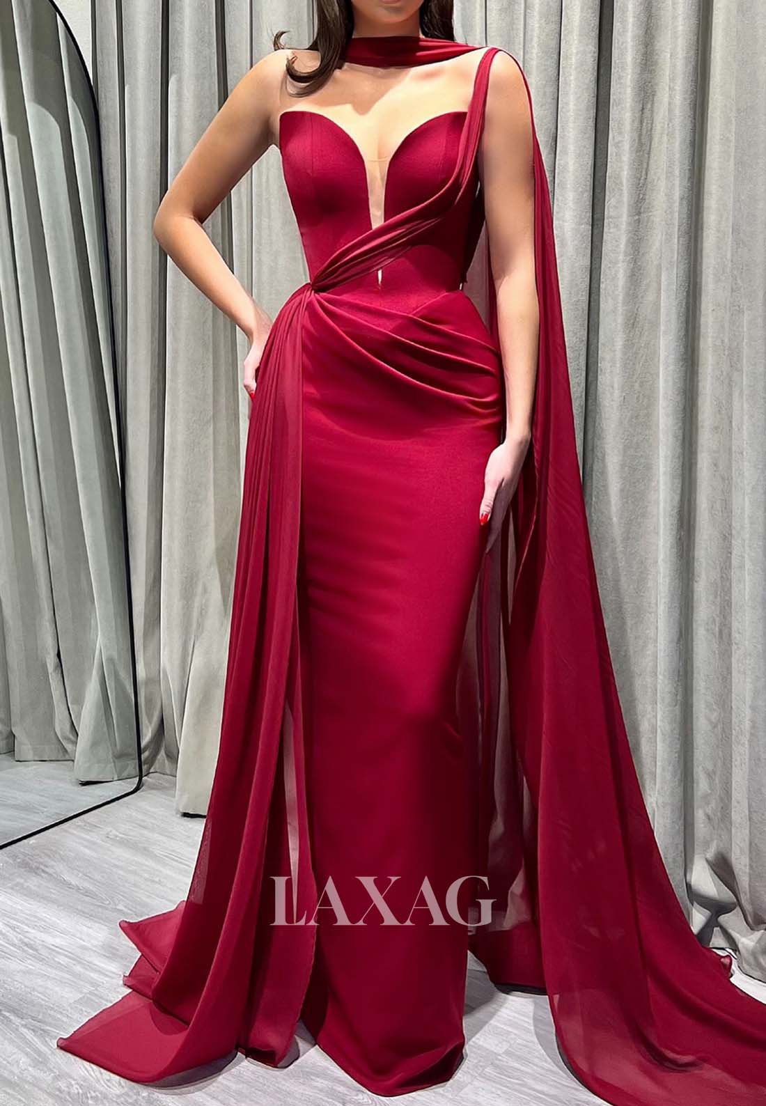 Off-Shoulder Sleeveless Satin Formal Gowns Plunging V-Neck Pleated Mermaid Evening Dress