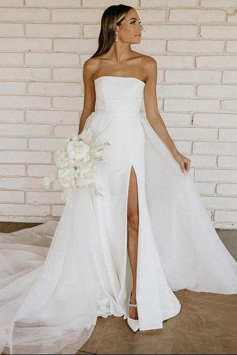 Tube Top Off-Shoulder Sleeveless Chiffon Pleated A-Line Wedding Dress with Slit