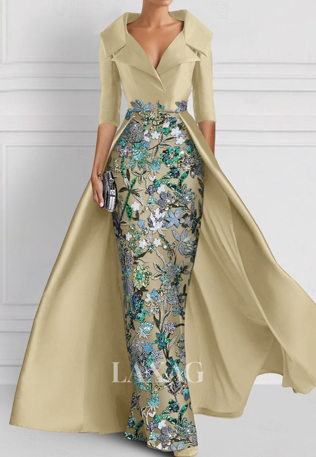 V-Neck Half-Sleeves Pleated Party Gowns Applique Embroidered Mermaid W Laxag V-Neck Half-Sleeves Pleated Party Gowns Applique Embroidered Mermaid W Laxag