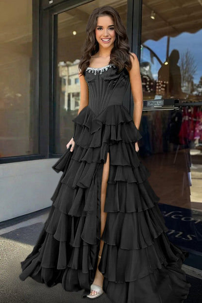 Scoop-Neck Off-Shoulder Floor-Length Chiffon Pleated Tiered A-Line Prom Dress with High Slit