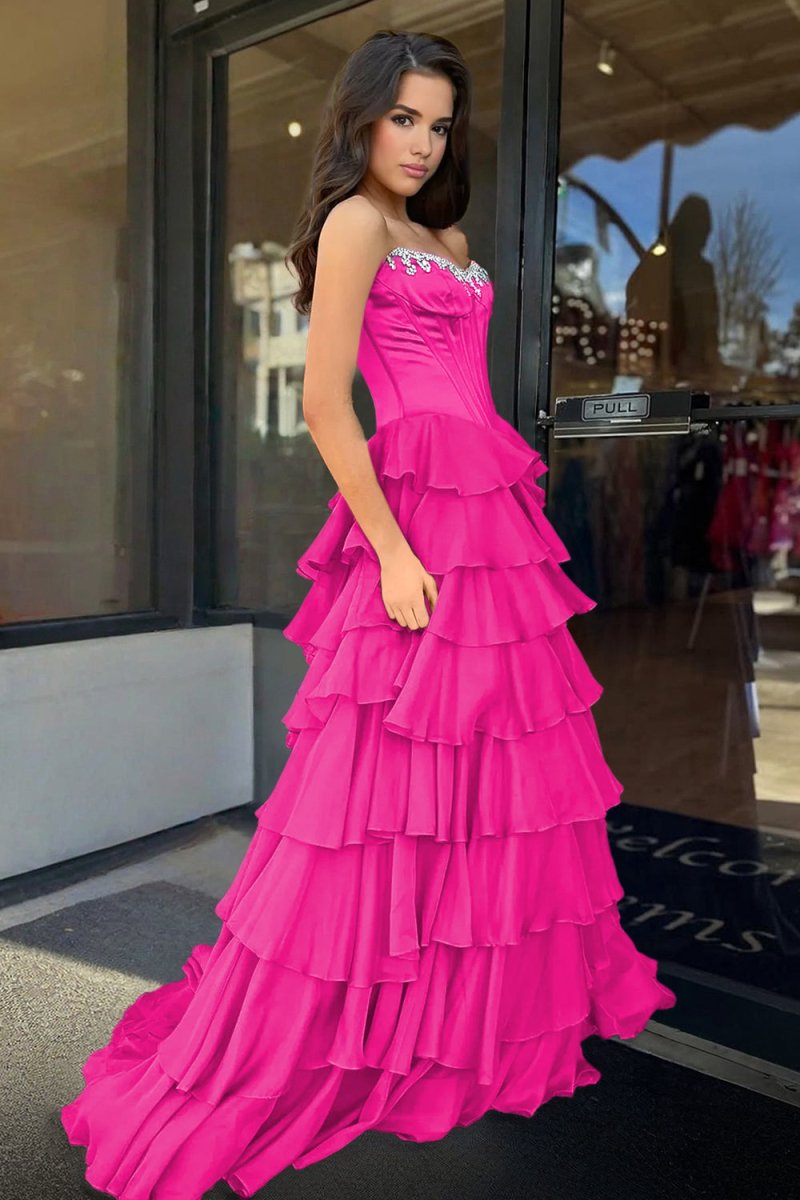 Scoop-Neck Off-Shoulder Floor-Length Chiffon Pleated Tiered A-Line Prom Dress with High Slit