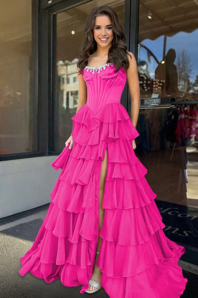Scoop-Neck Off-Shoulder Floor-Length Chiffon Pleated Tiered A-Line Prom Dress with High Slit