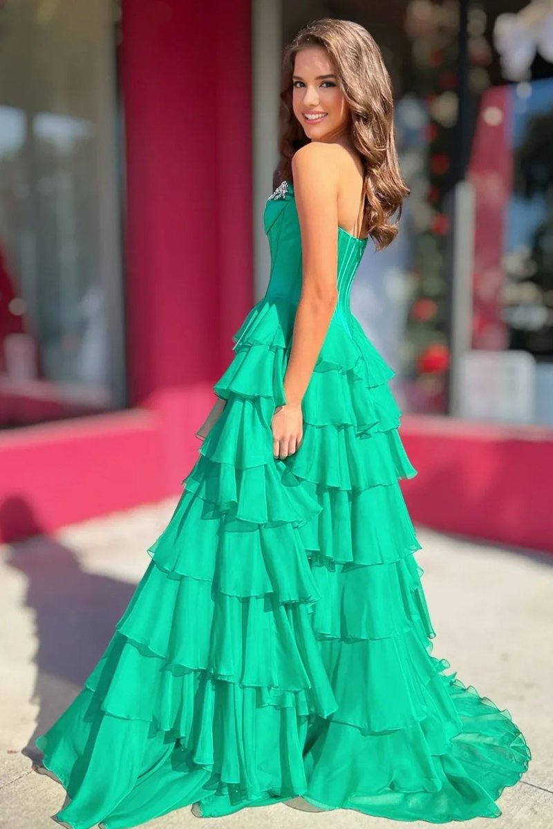 Scoop-Neck Off-Shoulder Floor-Length Chiffon Pleated Tiered A-Line Prom Dress with High Slit