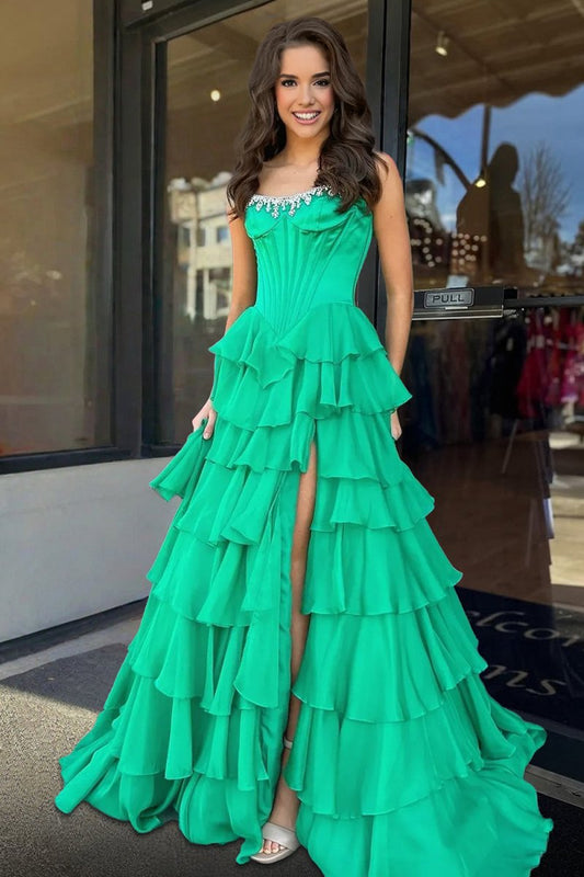 Scoop-Neck Off-Shoulder Floor-Length Chiffon Pleated Tiered A-Line Prom Dress with High Slit