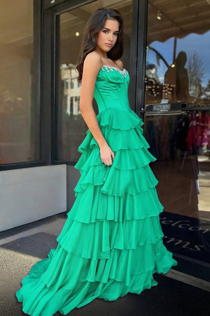 Scoop-Neck Off-Shoulder Floor-Length Chiffon Pleated Tiered A-Line Prom Dress with High Slit