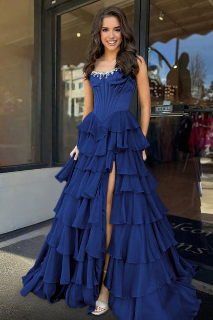 Scoop-Neck Off-Shoulder Floor-Length Chiffon Pleated Tiered A-Line Prom Dress with High Slit