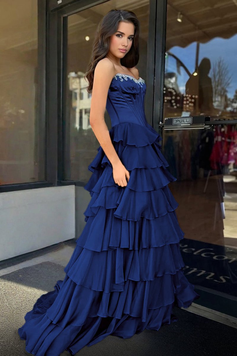 Scoop-Neck Off-Shoulder Floor-Length Chiffon Pleated Tiered A-Line Prom Dress with High Slit