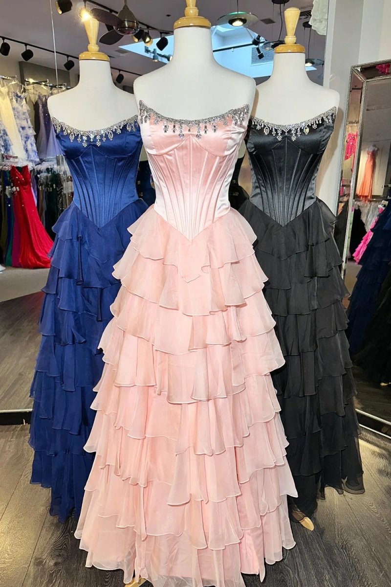 Scoop-Neck Off-Shoulder Floor-Length Chiffon Pleated Tiered A-Line Prom Dress with High Slit