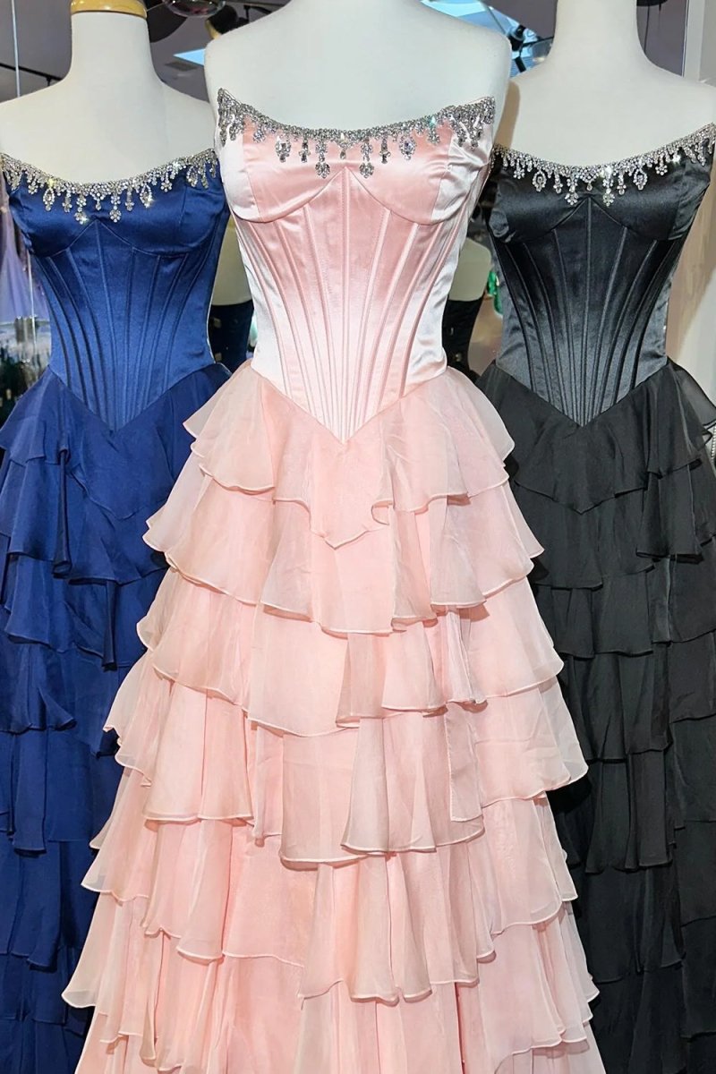 Scoop-Neck Off-Shoulder Floor-Length Chiffon Pleated Tiered A-Line Prom Dress with High Slit