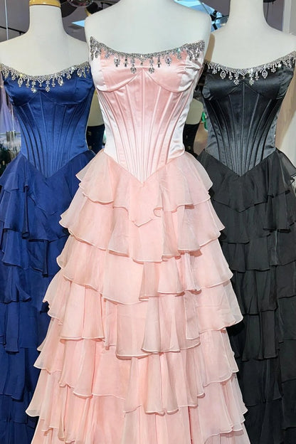 Scoop-Neck Off-Shoulder Floor-Length Chiffon Pleated Tiered A-Line Prom Dress with High Slit