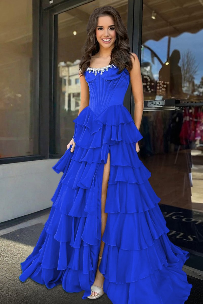 Scoop-Neck Off-Shoulder Floor-Length Chiffon Pleated Tiered A-Line Prom Dress with High Slit