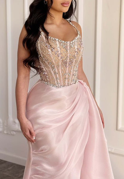 Scoop-Neck Sleeveless Beaded Rhinestone Pleated Chiffon Mermaid Prom Dress with High Slit