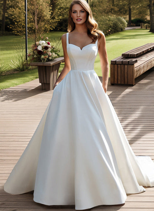Sweetheart Straps Sleeveless Pleated Satin Floor-Length A-Line Wedding Dress