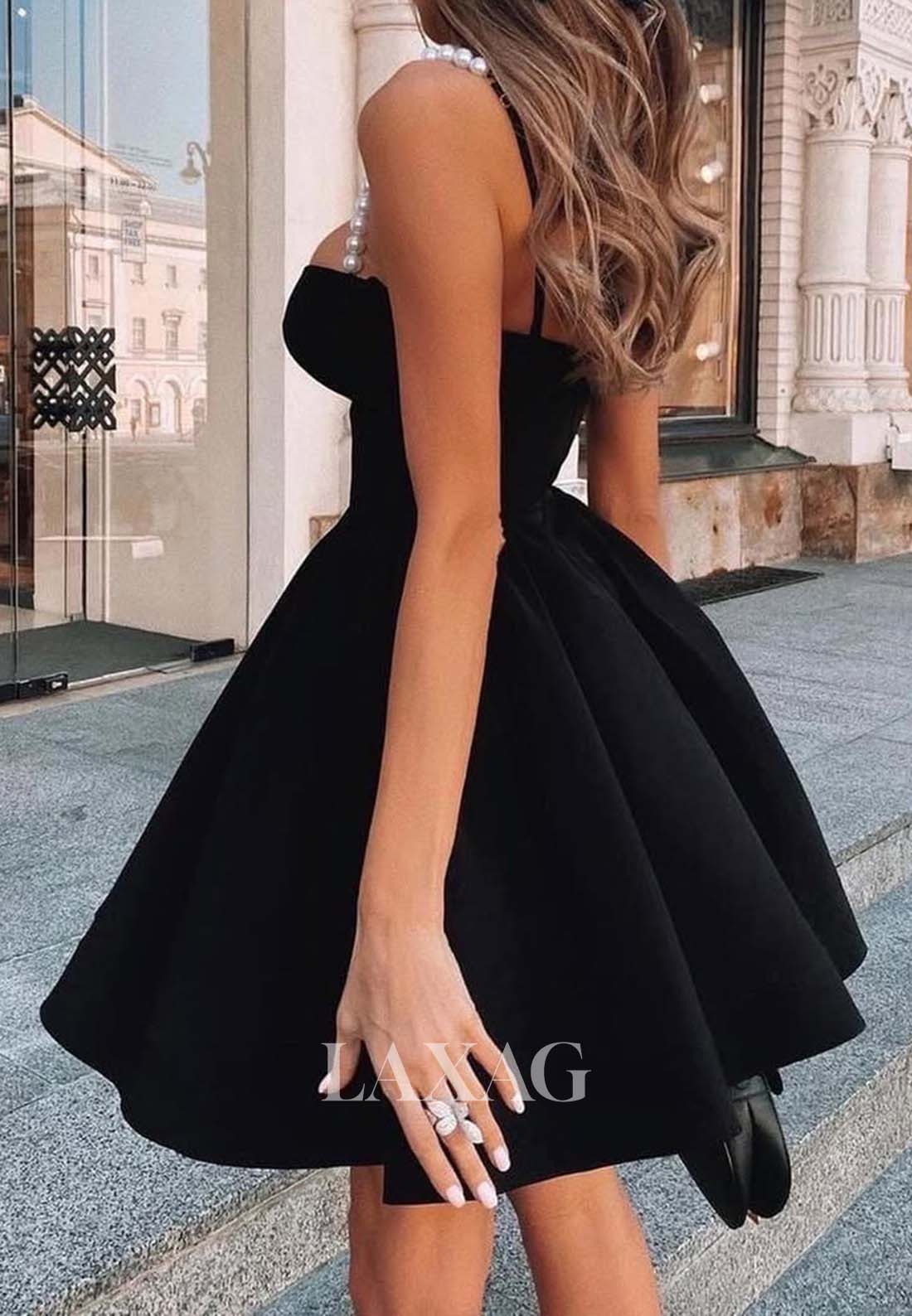 Pearls Spaghetti Straps Sweetheart Sleeveless Pleated Satin A-Line Party Homecoming Dress