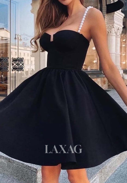 Pearls Spaghetti Straps Sweetheart Sleeveless Pleated Satin A-Line Party Homecoming Dress
