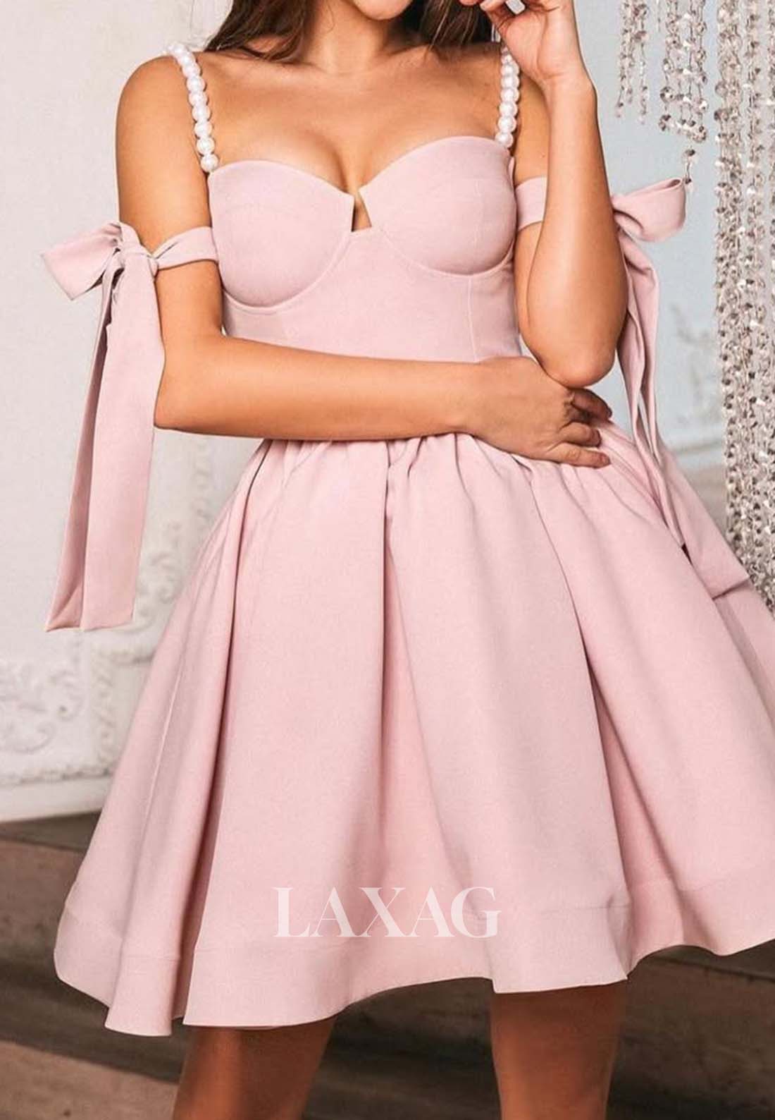 Pearls Spaghetti Straps Sweetheart Sleeveless Pleated Satin A-Line Party Homecoming Dress