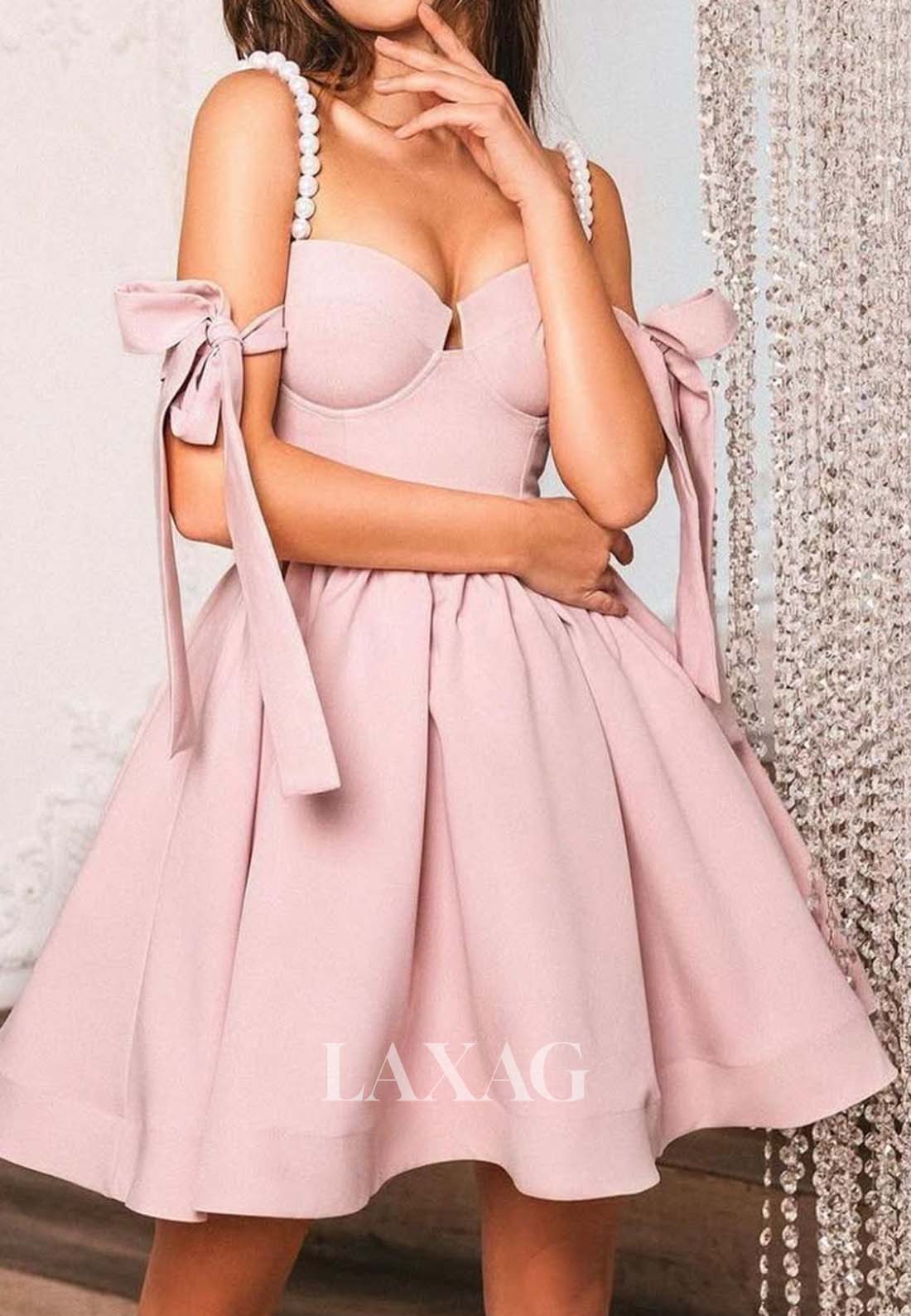 Pearls Spaghetti Straps Sweetheart Sleeveless Pleated Satin A-Line Party Homecoming Dress