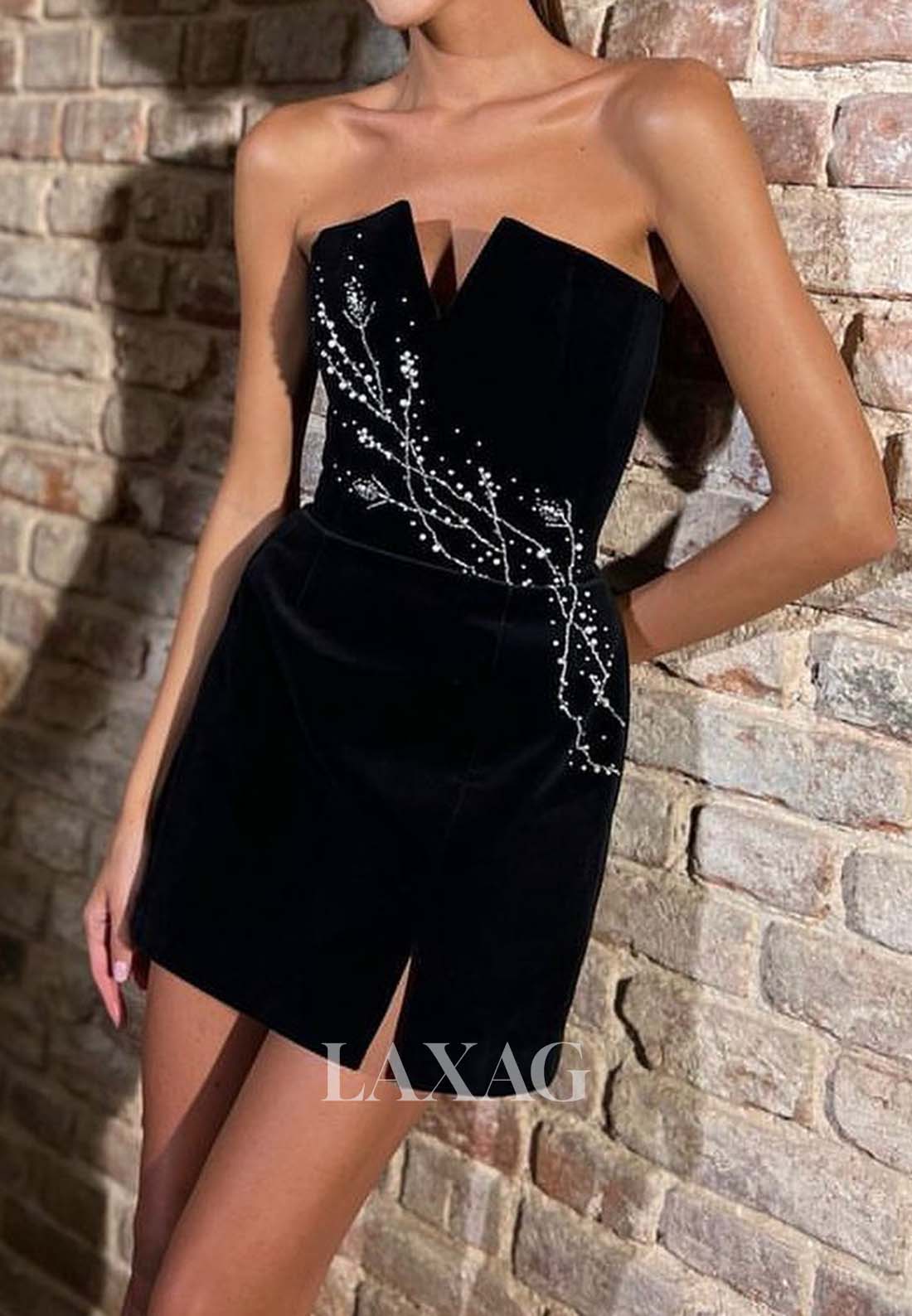 V-Neck Sleeveless Pleated Beaded Satin Mermaid Short Party Homecoming Dress with Slit