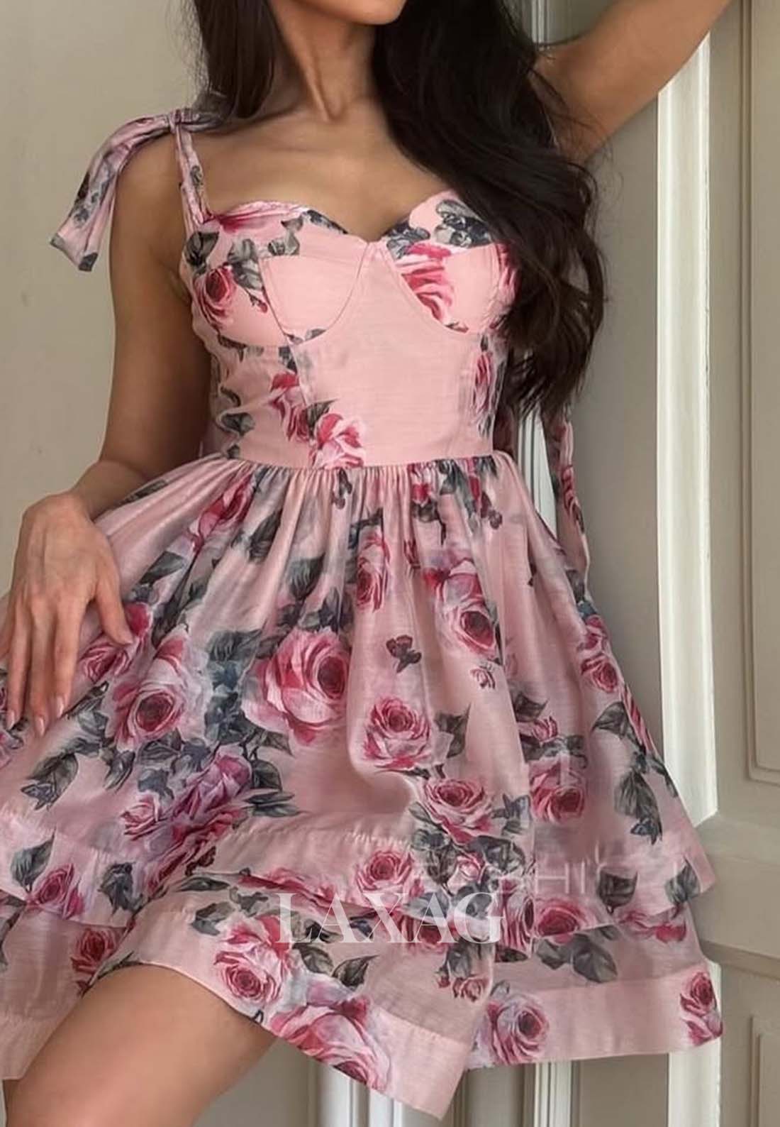 Sweetheart Straps Sleeveless Print-Chiffon Pleated A-Line Short Party Homecoming Dress