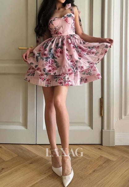 Sweetheart Straps Sleeveless Print-Chiffon Pleated A-Line Short Party Homecoming Dress