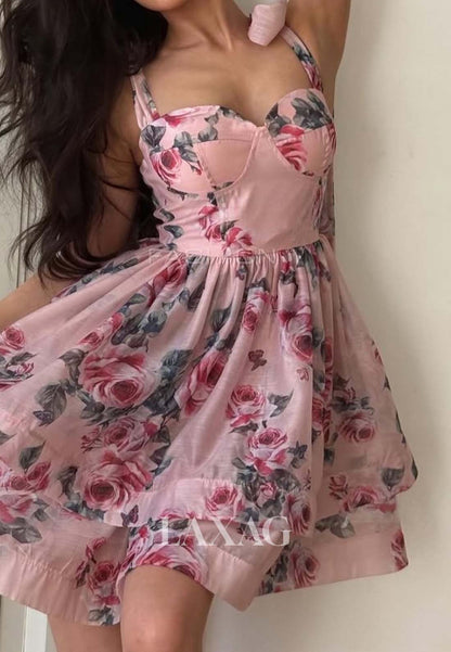 Sweetheart Straps Sleeveless Print-Chiffon Pleated A-Line Short Party Homecoming Dress