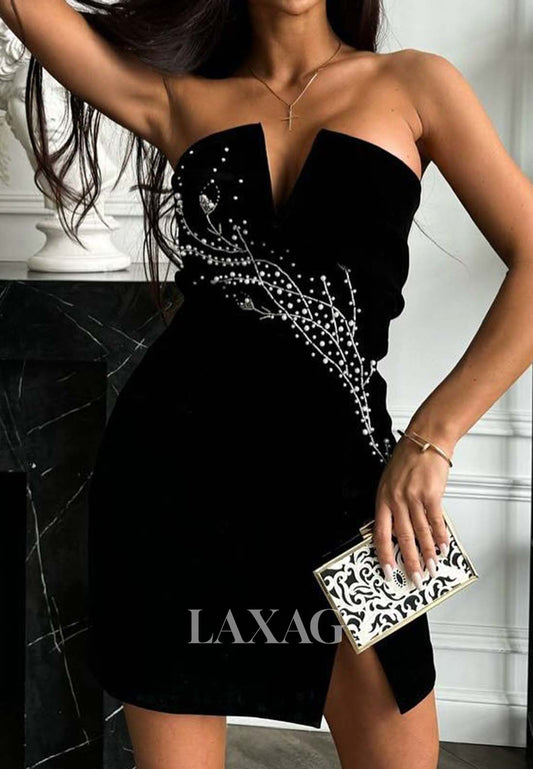 V-Neck Sleeveless Pleated Beaded Satin Mermaid Short Party Homecoming Dress with Slit