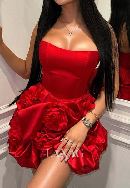 Sweetheart Sleeveless Floral Appliqued Pleated Satin A-Line Short Party Homecoming Dress