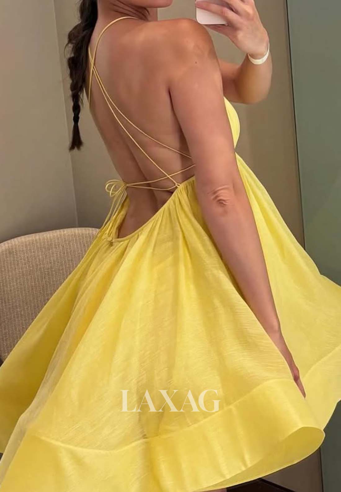 V-Neck Spaghetti Straps Sleeveless Pleated Chiffon A-Line Short Party Homecoming Dress