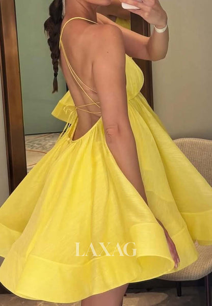 V-Neck Spaghetti Straps Sleeveless Pleated Chiffon A-Line Short Party Homecoming Dress