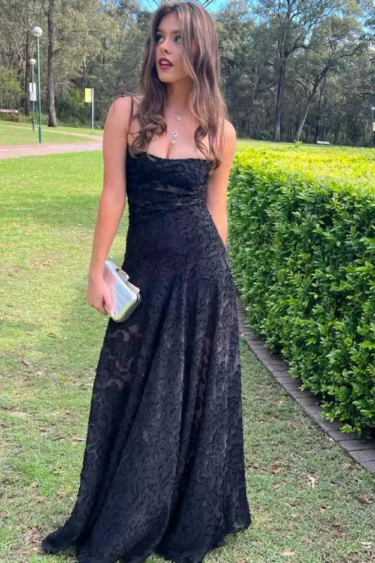 Bateau-Neck Spaghetti Straps Sleeveless Allover Lace Pleated A-Line Prom Dress