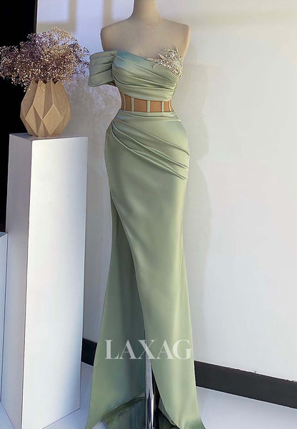 Asymmetrical-Neck Sleeveless Beaded  Formal Gowns Pleated Satin Mermaid Evening Dress