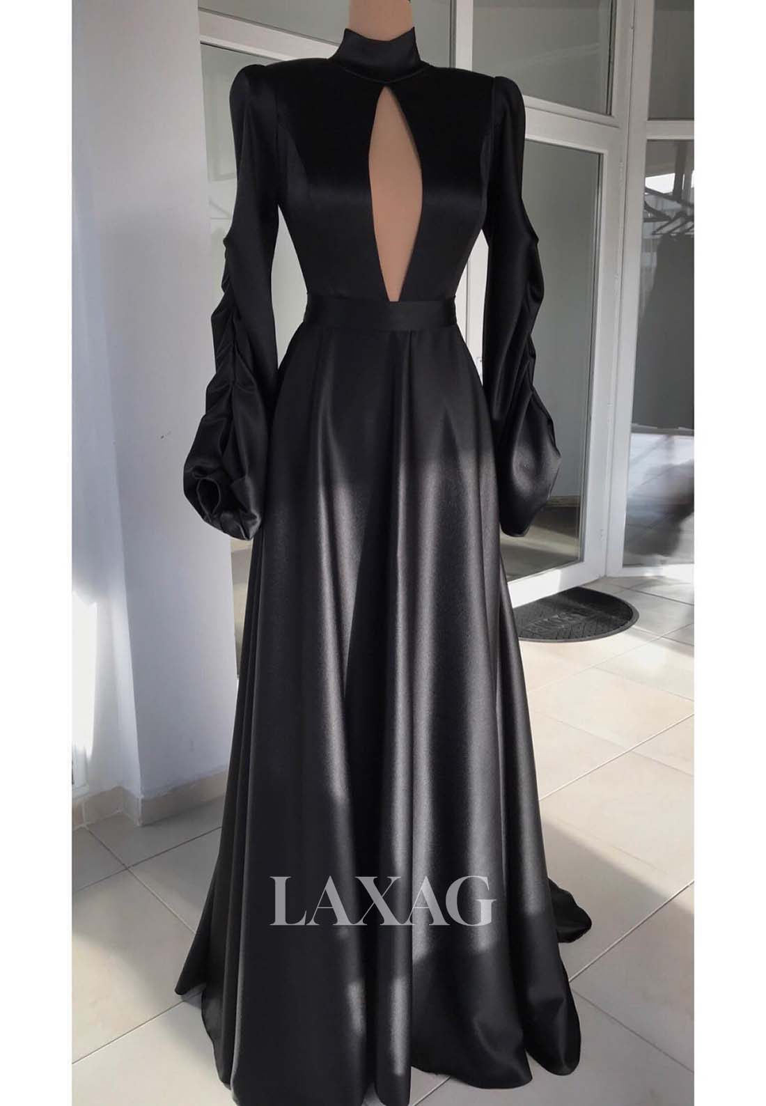 فستان سهرة بسيط، بأكمام طويلة ورقبة عالية، من الساتان، بتصميم مطوي، وفساتين رسمية