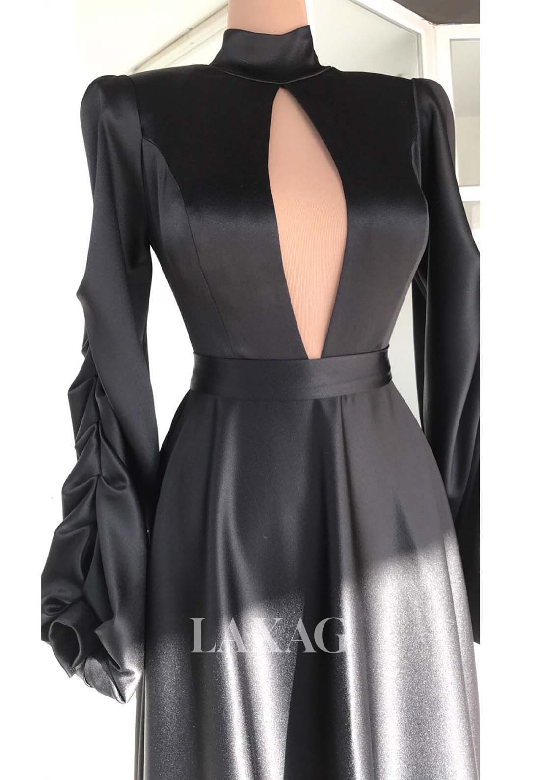 فستان سهرة بسيط، بأكمام طويلة ورقبة عالية، من الساتان، بتصميم مطوي، وفساتين رسمية