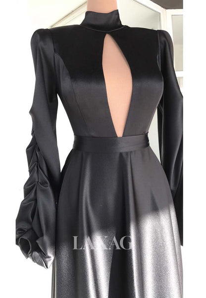 فستان سهرة بسيط، بأكمام طويلة ورقبة عالية، من الساتان، بتصميم مطوي، وفساتين رسمية