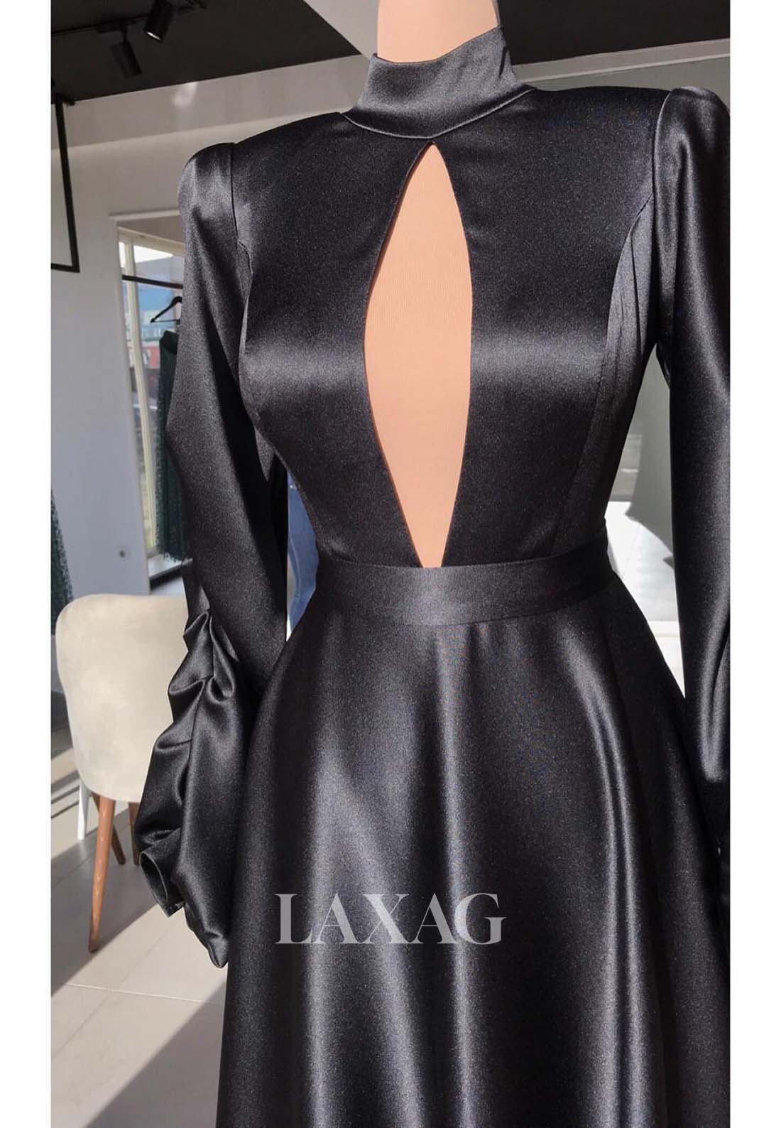 فستان سهرة بسيط، بأكمام طويلة ورقبة عالية، من الساتان، بتصميم مطوي، وفساتين رسمية