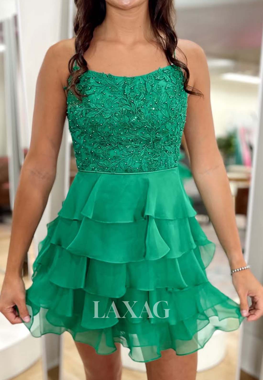 Spaghetti Straps Scoop-Neck Sleeveless Beaded Applique Chiffon Tiered A-Line Homecoming Dress